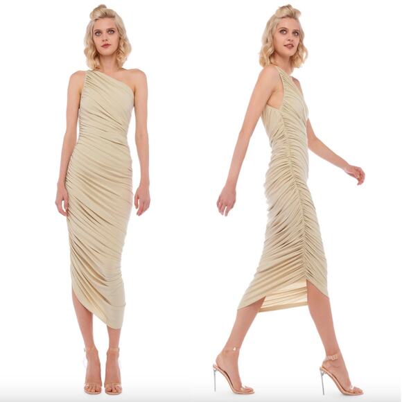 Norma Kamali | NWT Diana Gown Mist Asymmetrical Ruched Bodycon Midi Dress M 38 - Picture 1 of 16